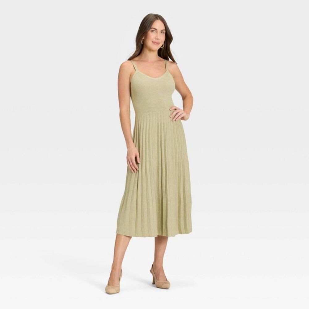 Women's Pleated Midi Sweater Dress - A New Day Light Green L